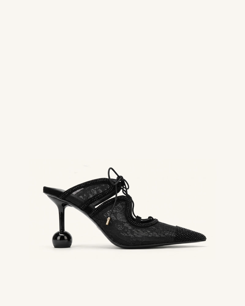 Sofia Lace Bow Mule Heels - Black