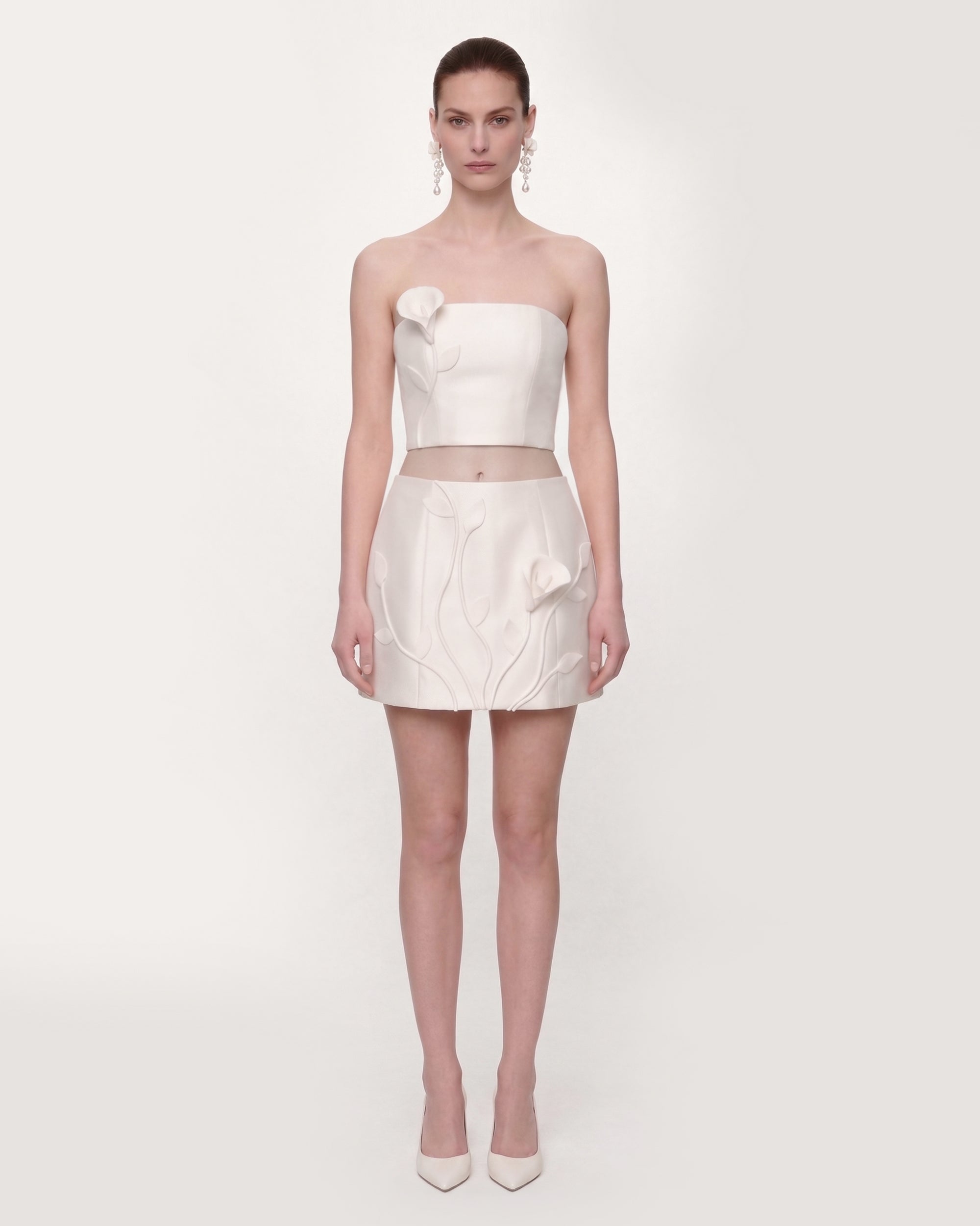 Floral Appliqué Strapless Crop Top - White