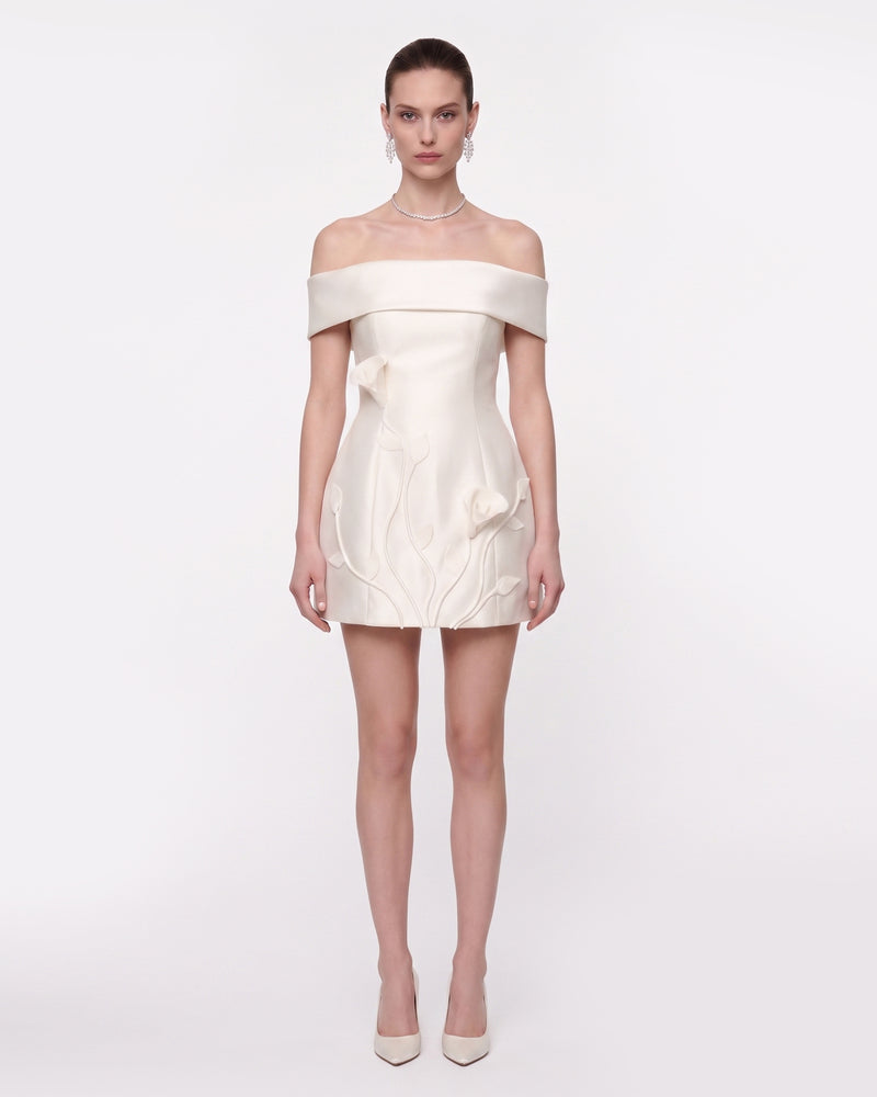 Floral Appliqué Off-Shoulder Mini Dress - White