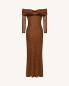 Rhinestone Mesh Off-Shoulder Maxi Dress - Brown