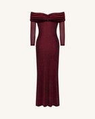 Rhinestone Mesh Off-Shoulder Maxi Dress - Claret