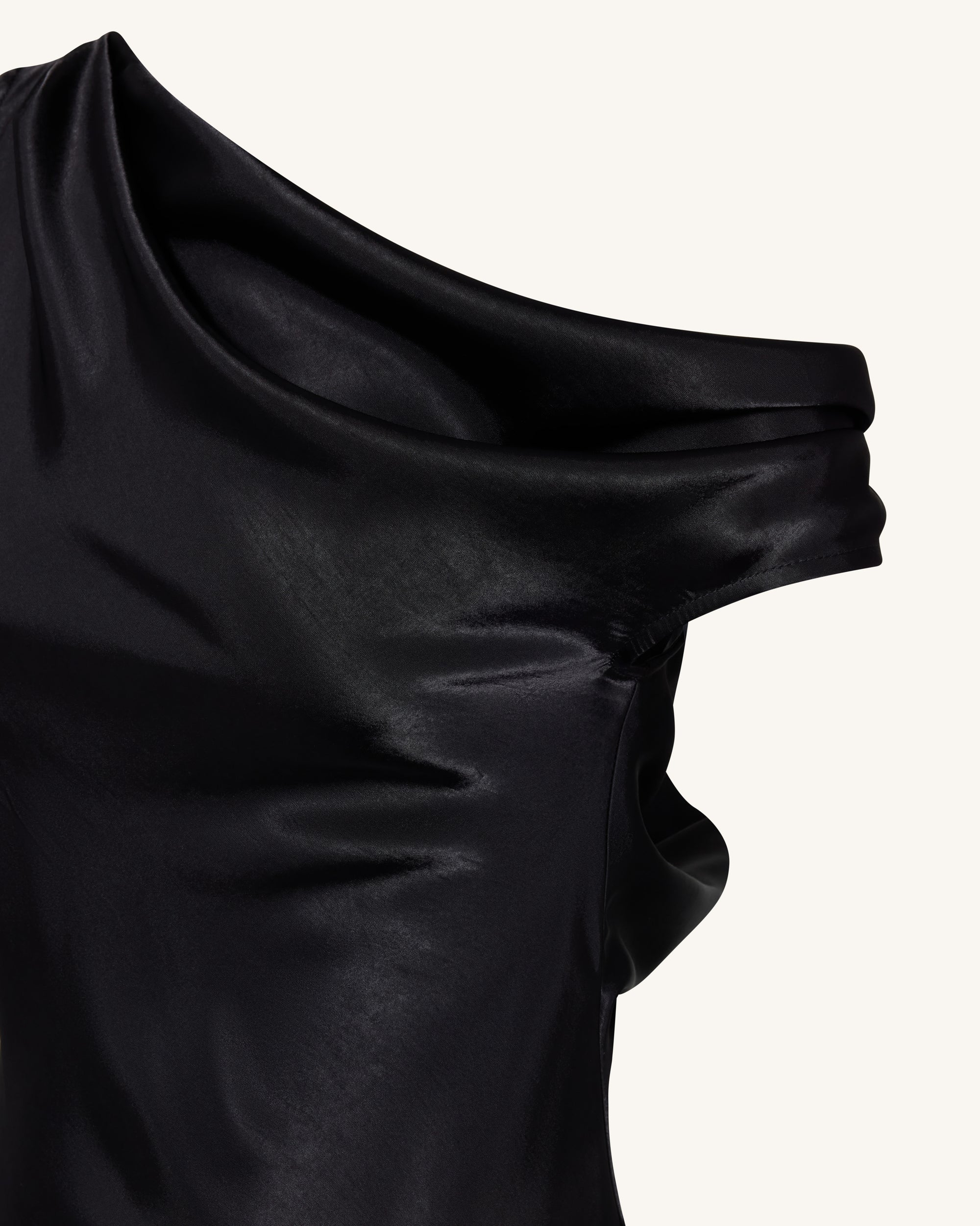 Satin Draped One-Shoulder Asymmetric Dress - Black