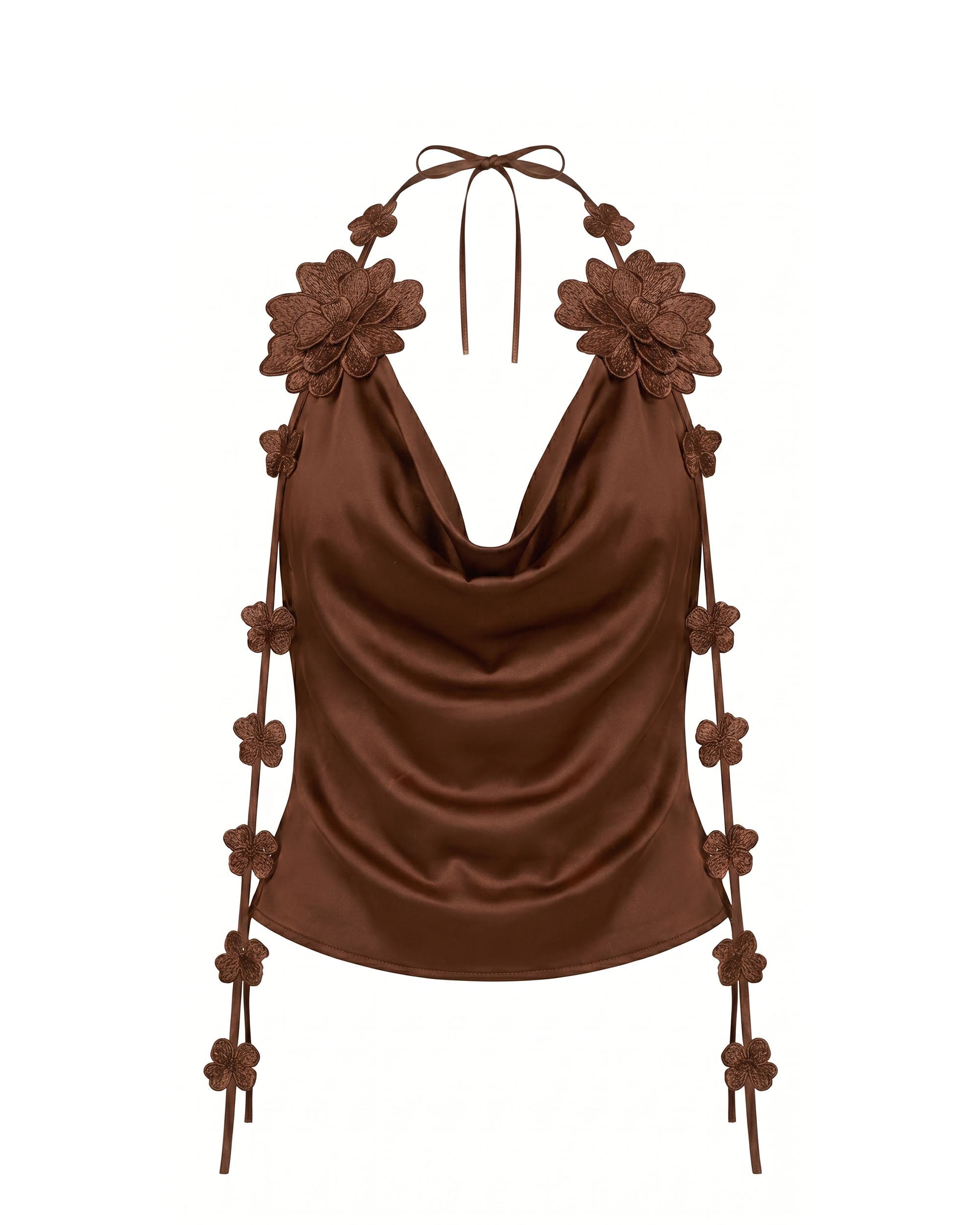 Floral Embellshed Cowl-Neck Top - Brown