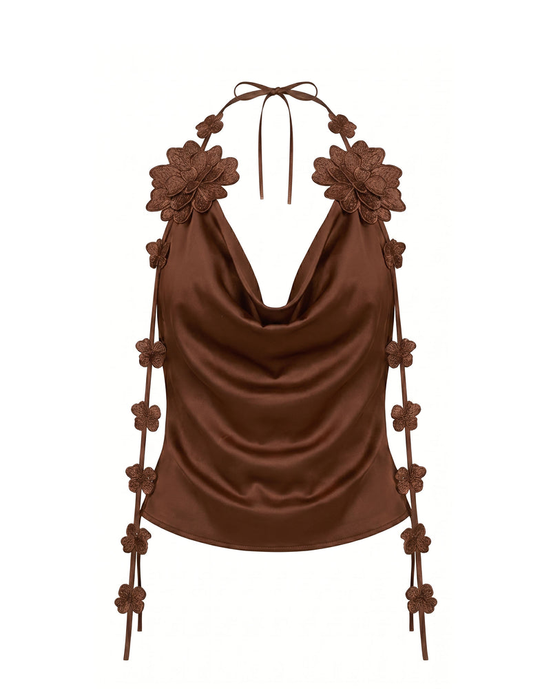 Floral Embellshed Cowl-Neck Top - Brown