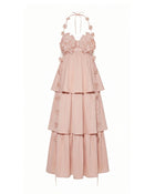 Floral Embellished Tiered Halter Maxl Dress - Blush Pink