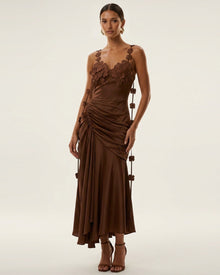 Floral Embellished Ruched Midi Dress - Brown