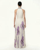 Jeweled-neck Halter Pleated Iris Print Maxi Dress - White/Purple