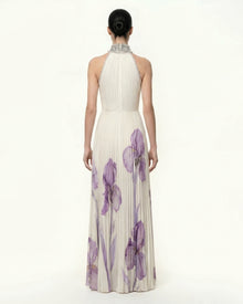 Jeweled-neck Halter Pleated Iris Print Maxi Dress - White/Purple