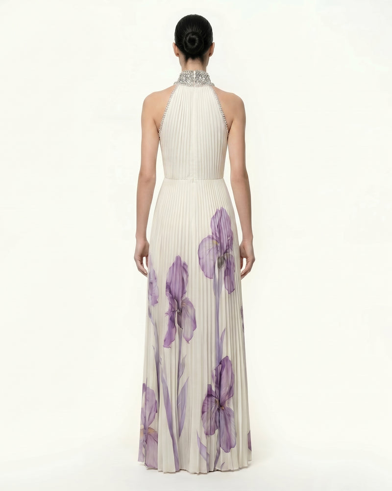 Jeweled-neck Halter Pleated Iris Print Maxi Dress - White/Purple