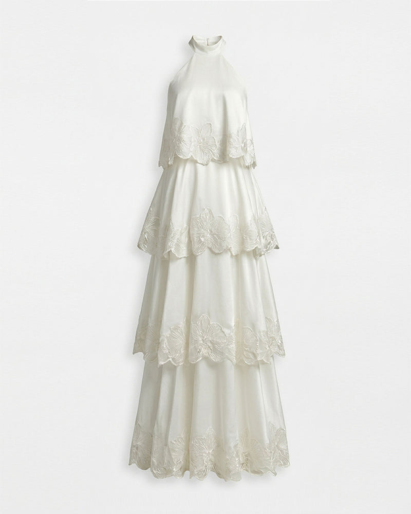 Orchid Embroidered Tiered Halter Maxi Dress - White