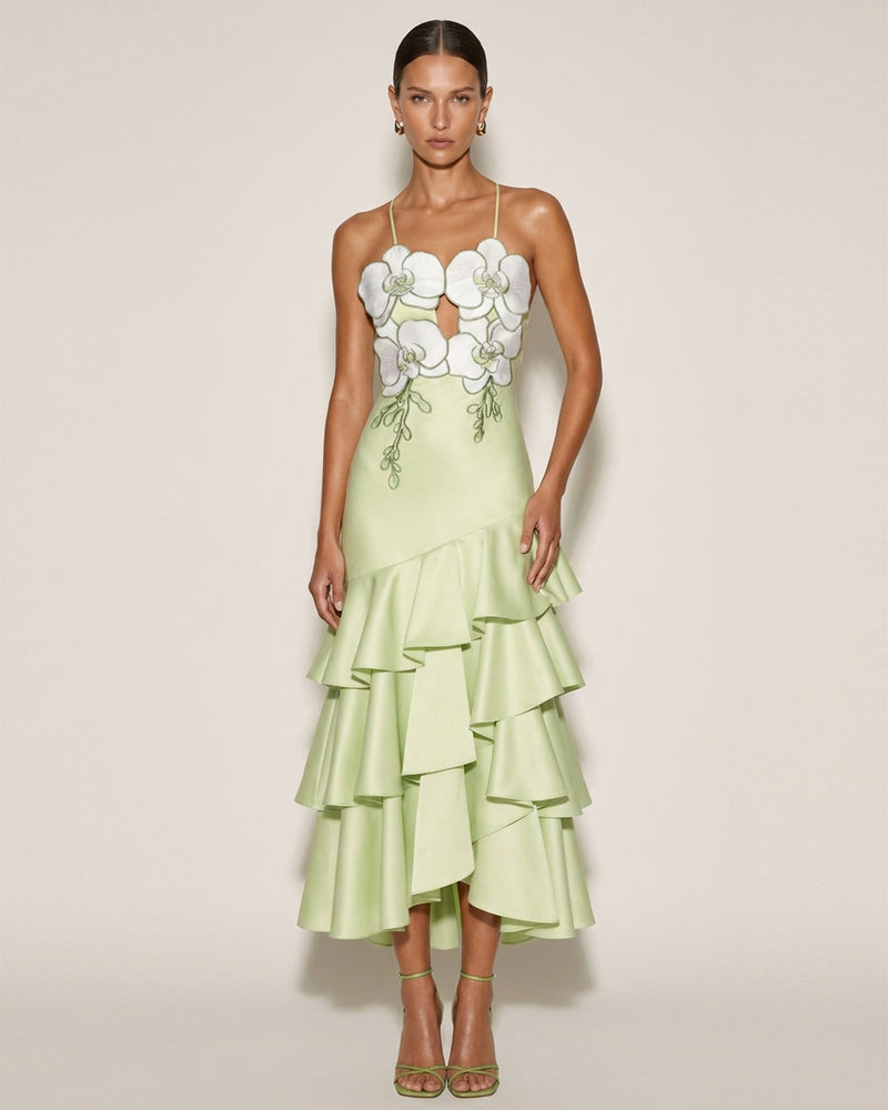 Orchid Embellished Ruffle Midi Dress - Light Green