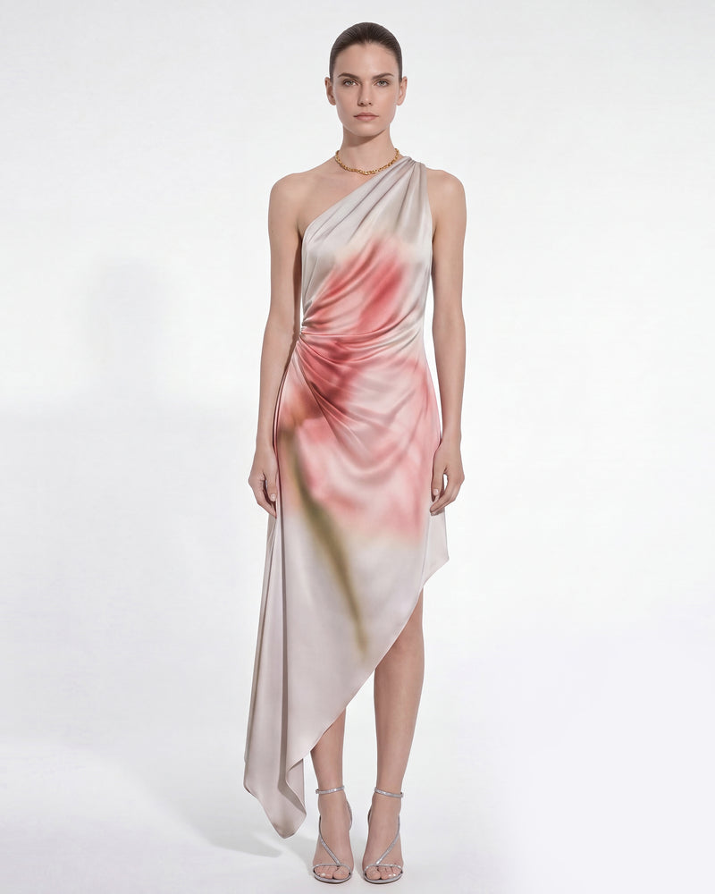 Floral Print Asymmetric Draped Midi Dress - Silver