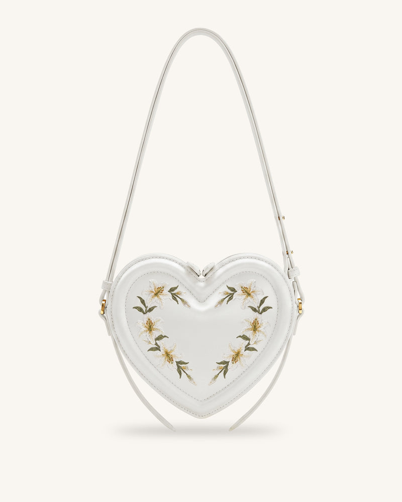 Arlene Embroidered Heart Shape Crossbody Bag - Milky White