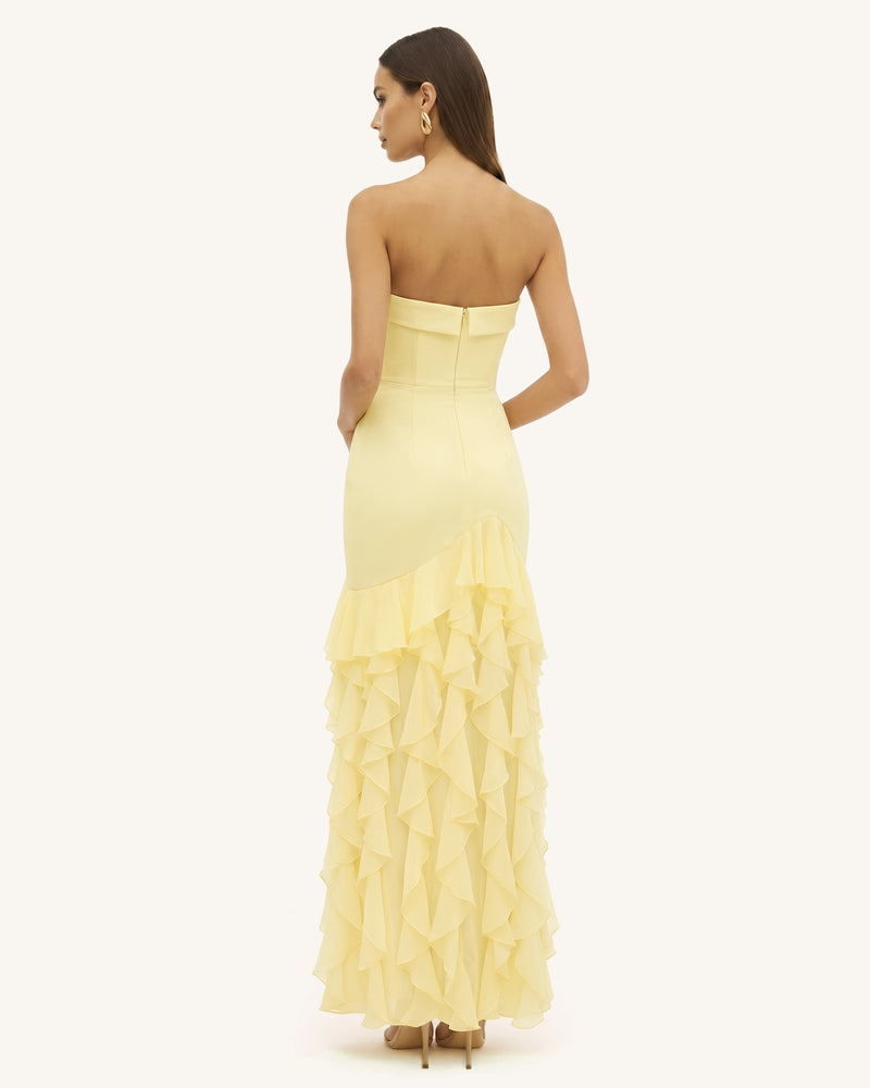 Orchid Embroidered Ruffled Strapless Maxi Dress - Pale Yellow