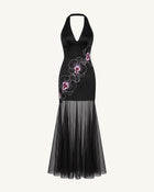 Orchid Embroidered Sheer Hem Halter Maxi Dress -  Black Purple