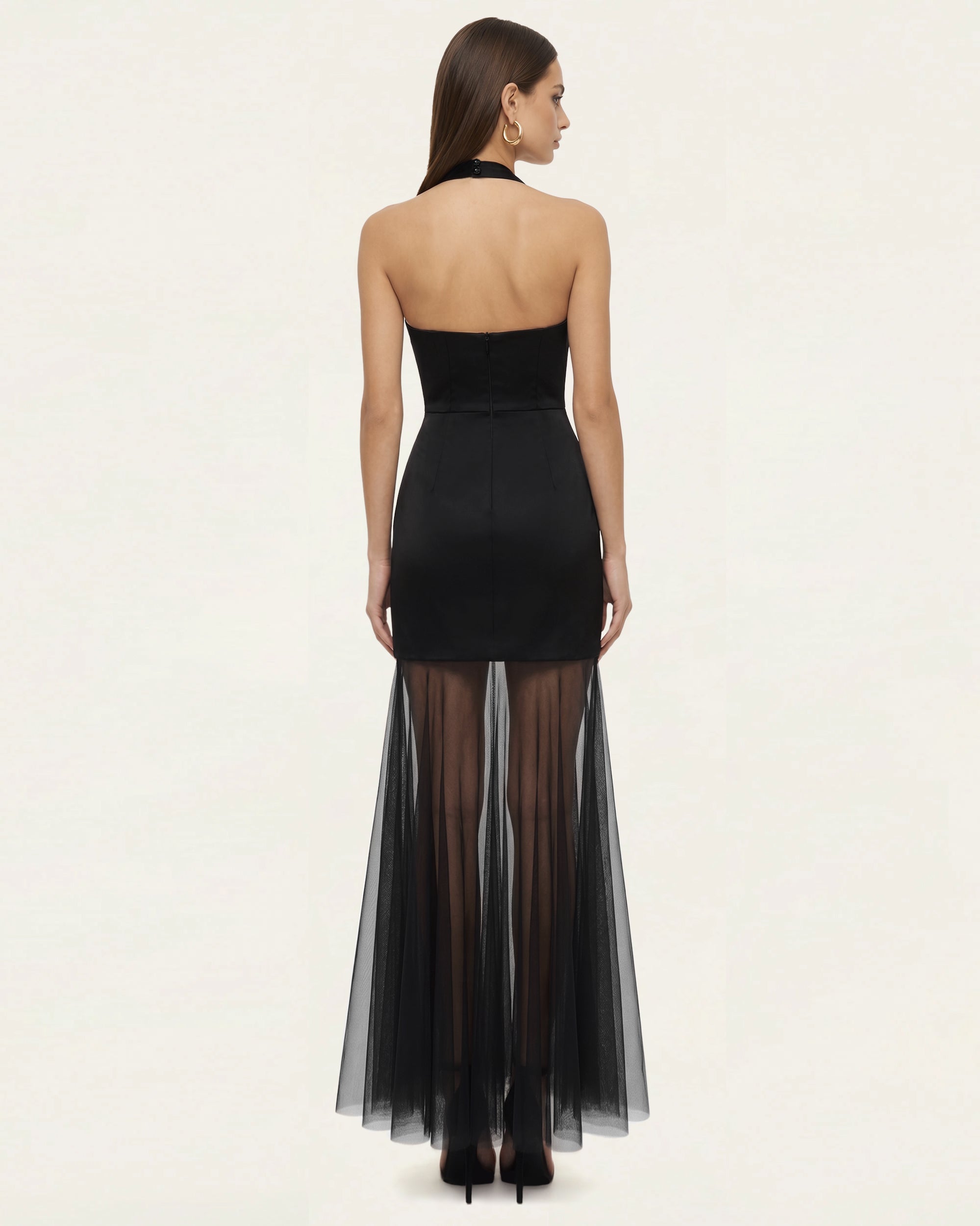 Orchid Embroidered Sheer Hem Halter Maxi Dress -  Black Purple