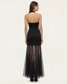 Orchid Embroidered Sheer Hem Halter Maxi Dress -  Black Purple
