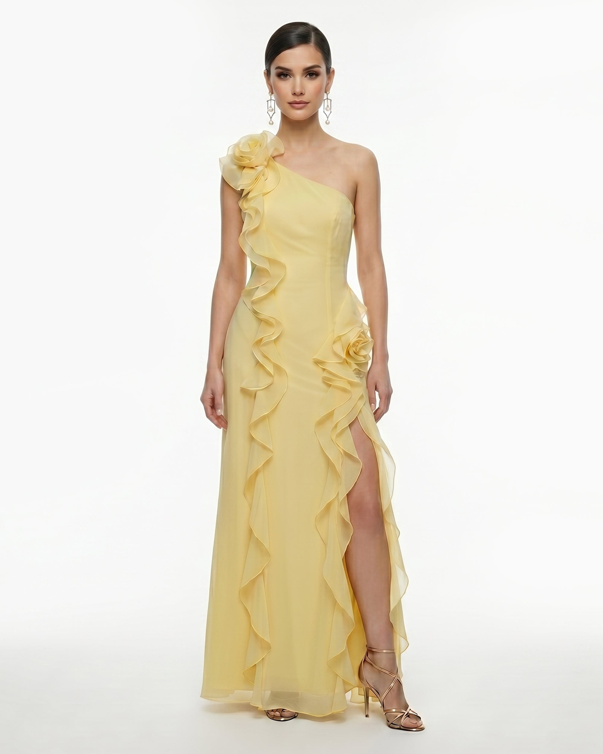 One-Shoulder Ruffle Rosette Slit Maxi Dress - Yellow