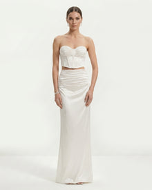 Satin High-Waist Ruched Maxi Skirt - White