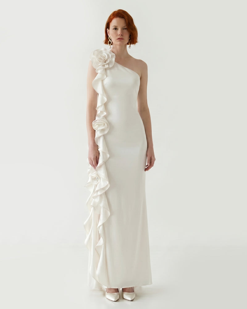 One-Shoulder Ruffle Rosette Maxi Dress - Ivory