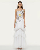 Orchid Embroidered Ruffled Tulle Strapless Maxi Dress - White