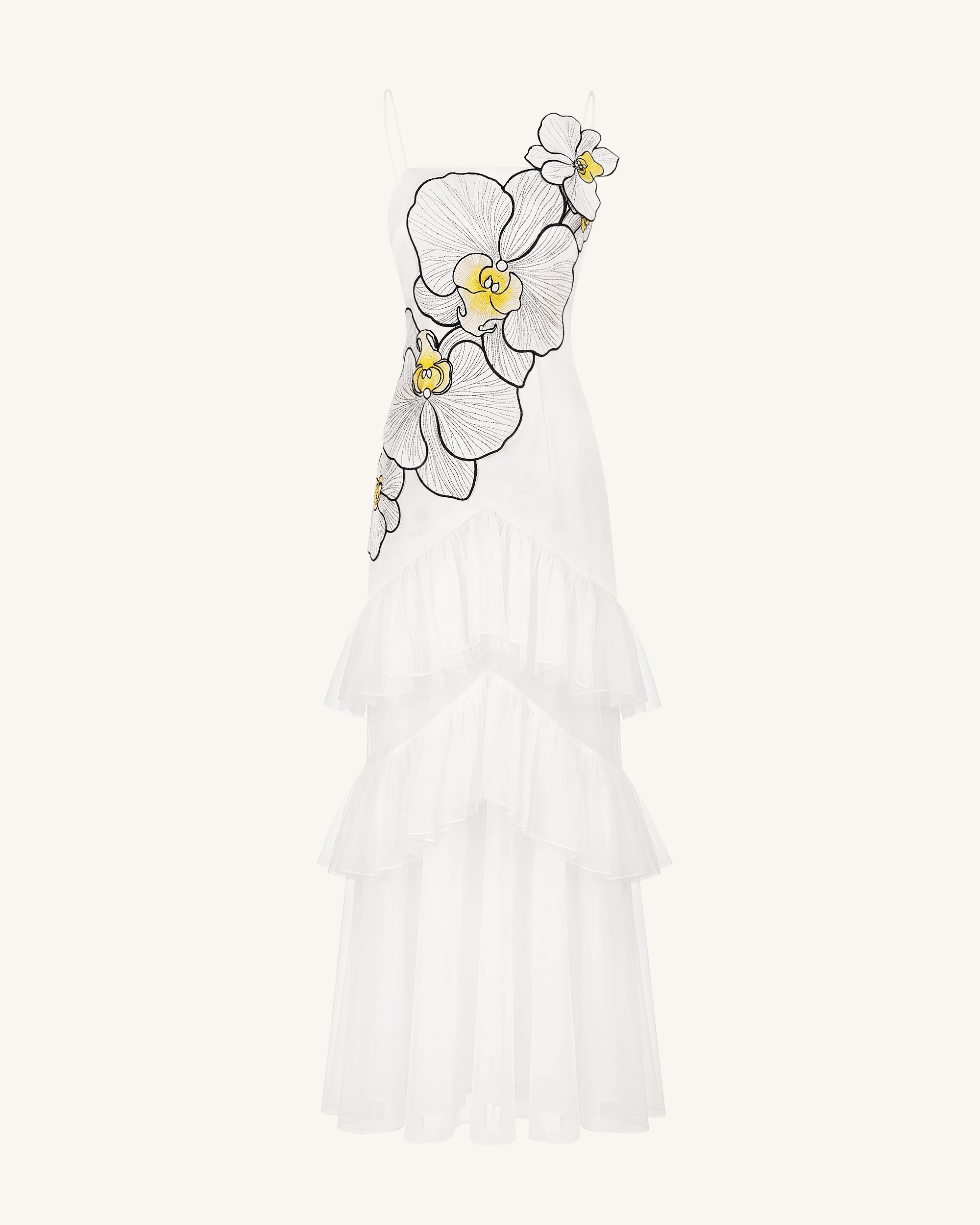 Orchid Embroidered Ruffled Tulle Strapless Maxi Dress - White