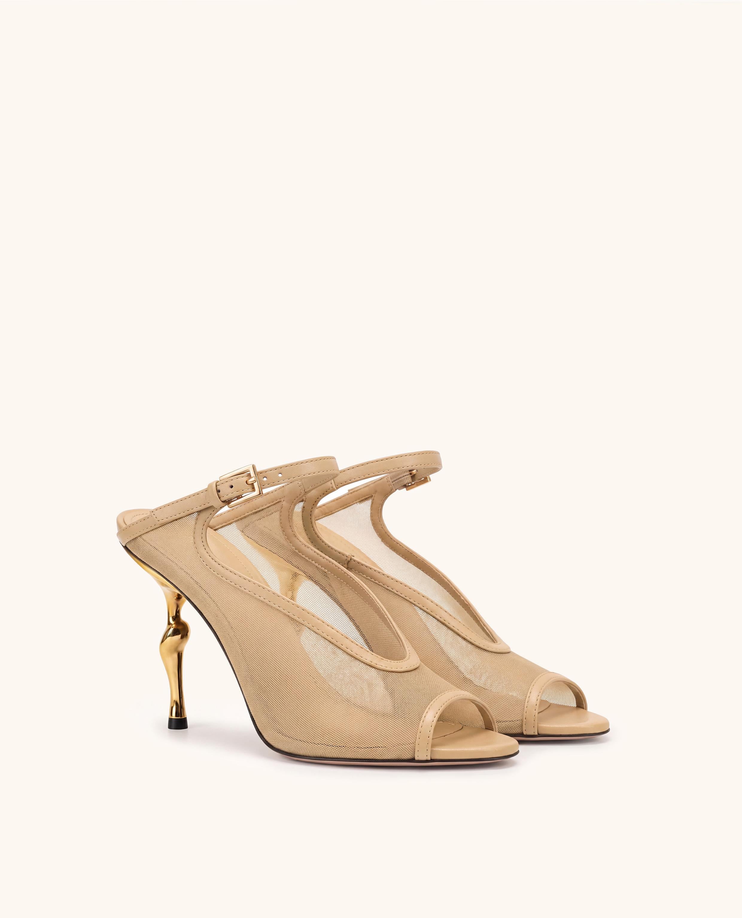 Alivia Gold Metal Peep-Toe Mesh Heels - Khaki