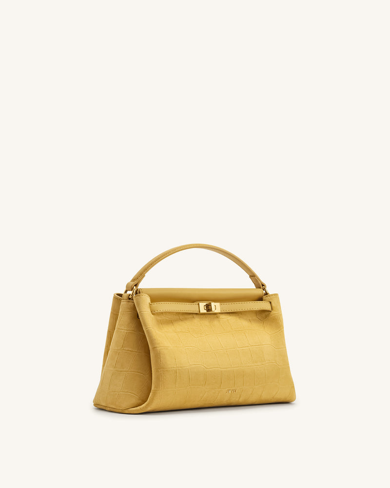 Carmen Faux Suede Croc-Embossed Top Handle Bag - Yellow