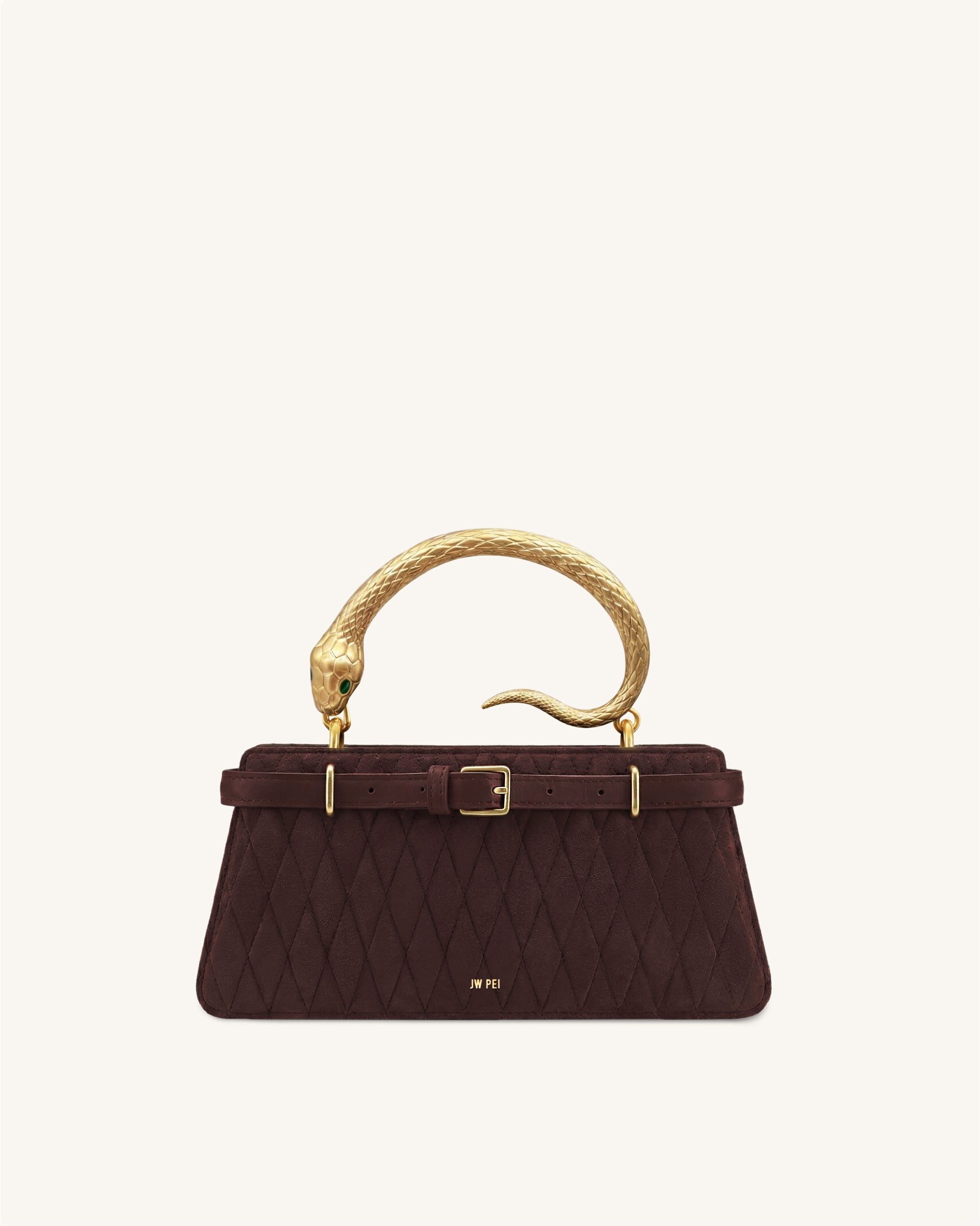 Elena Snake Handle Faux-Suede Quilted Top Handle Bag - Brown