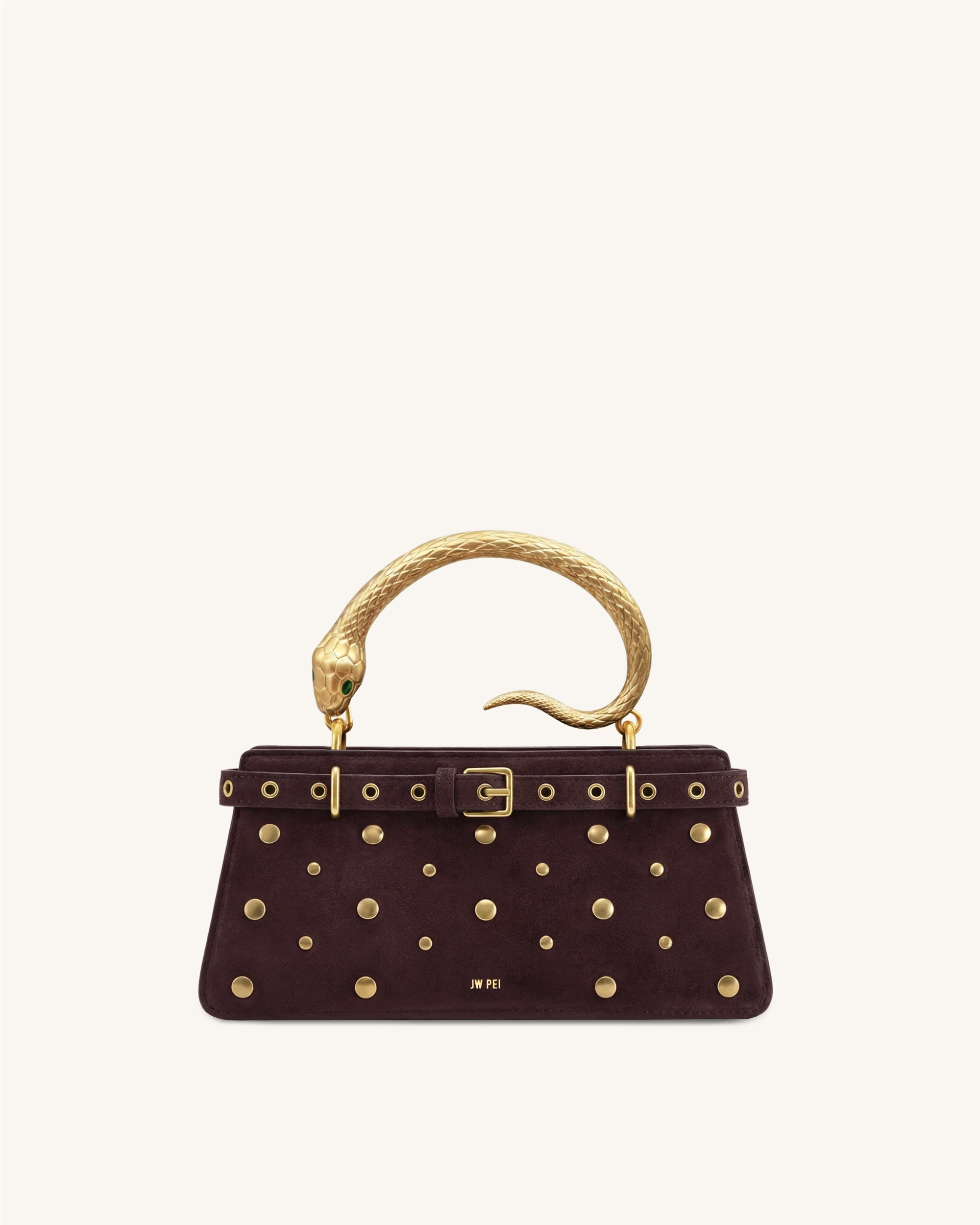 Elena Snake Handle Studded Faux-Suede Top Handle Bag - Brown