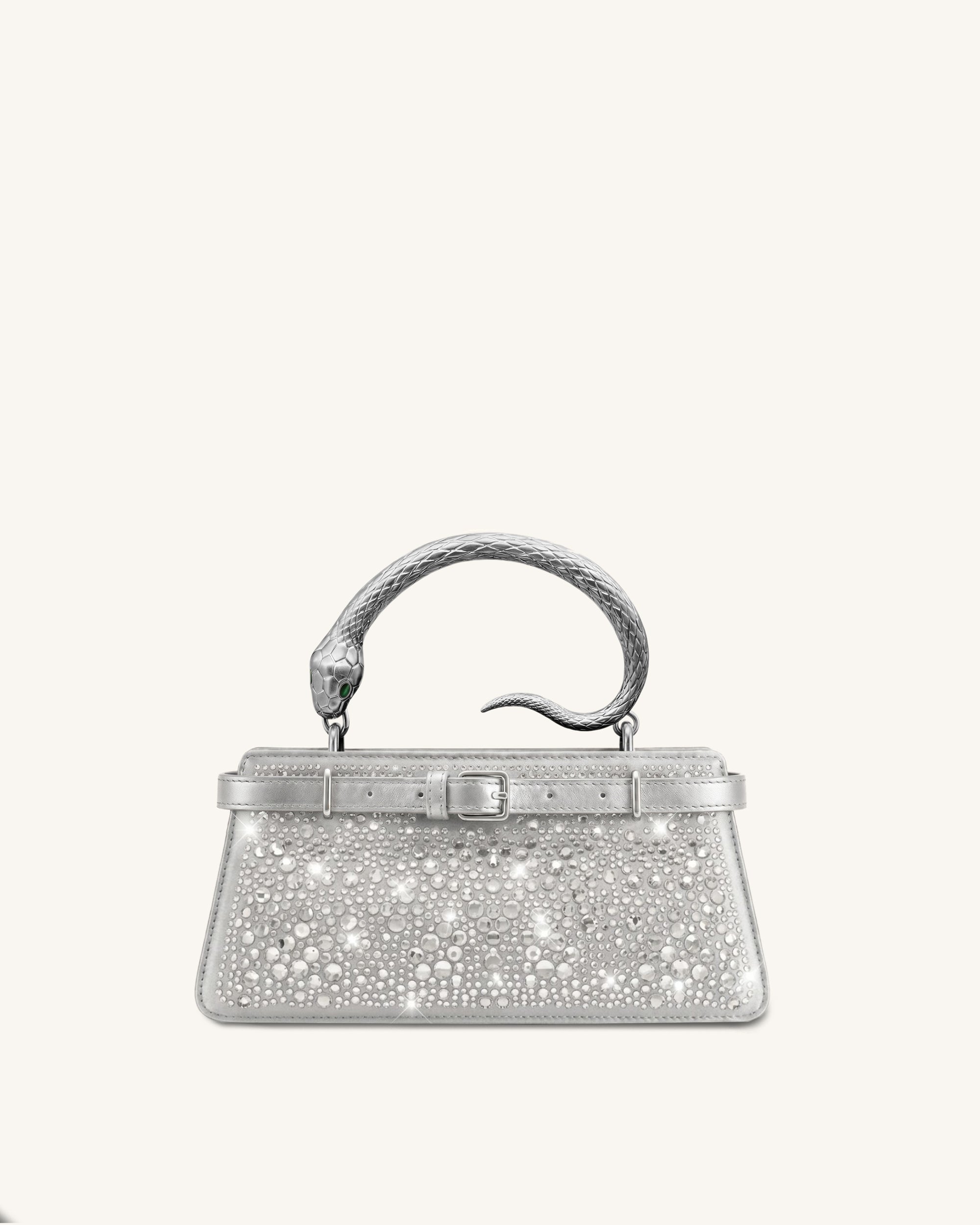 Elena Snake Handle Artificial Crystal Top Handle Bag - Silver