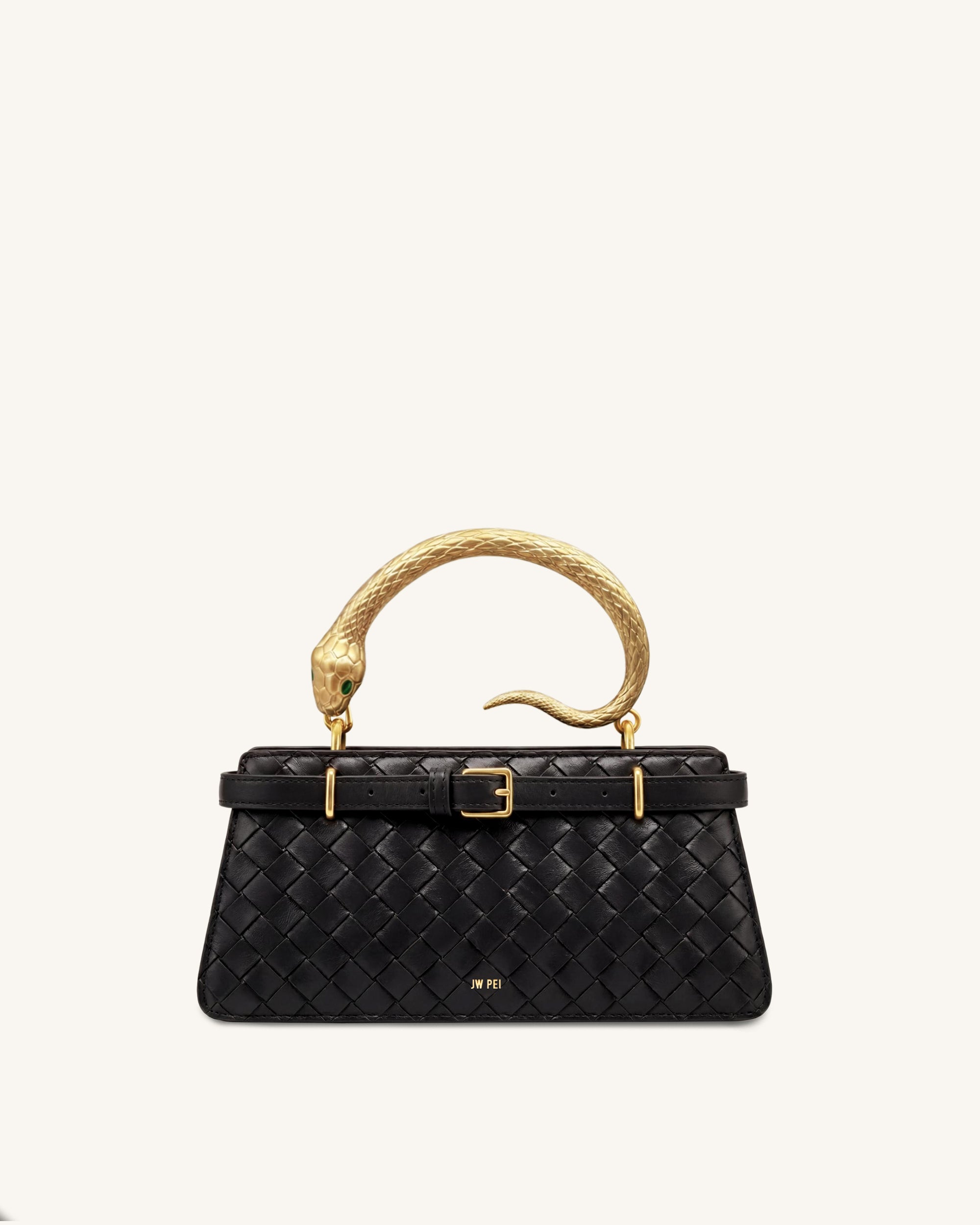 Elena Snake Handle Woven Texture Top Handle Bag- Black