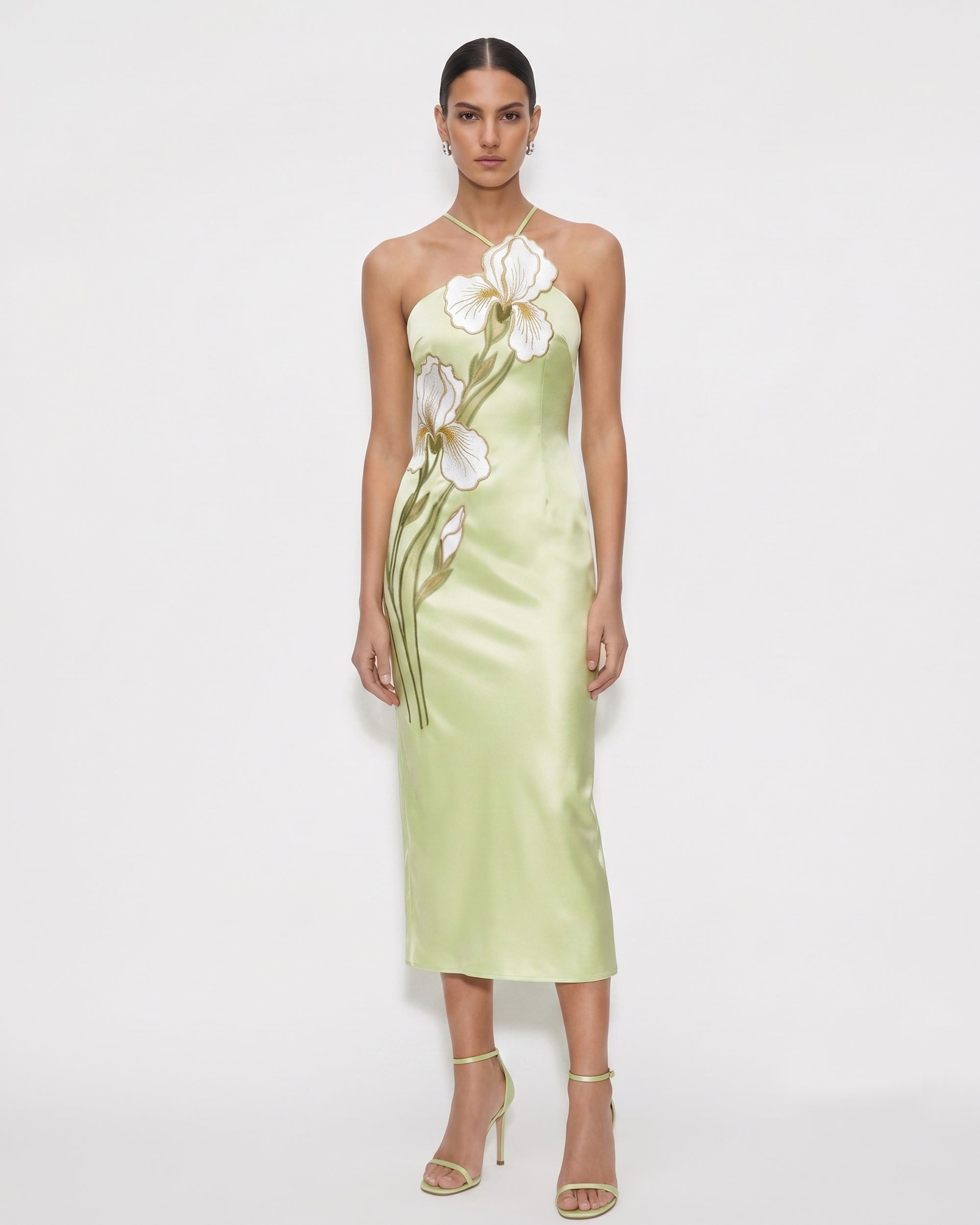 Iris Satin Embroidered Halter Midi Dress - Light Green