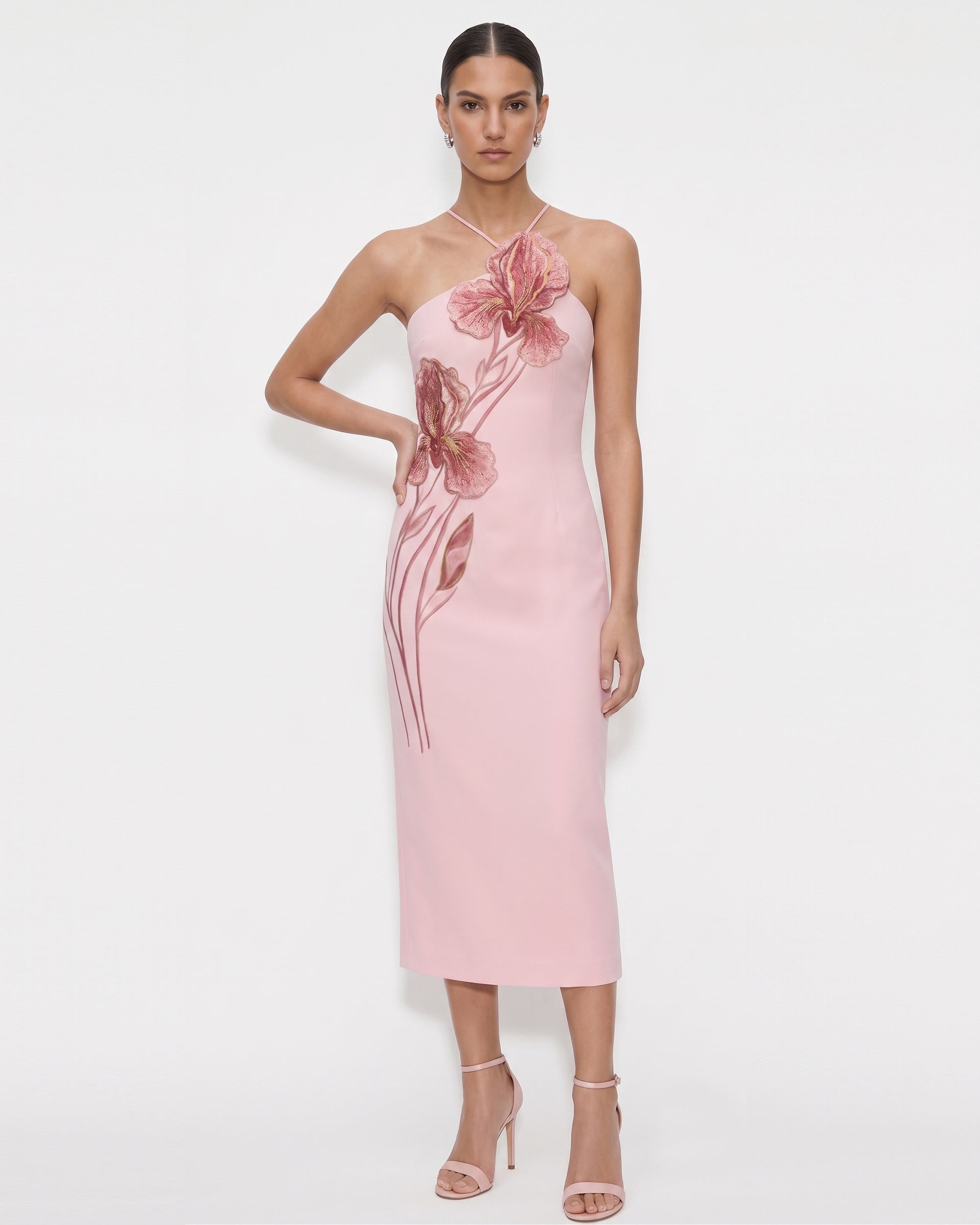 Iris Embroidered Halter Midi Dress - Light Pink