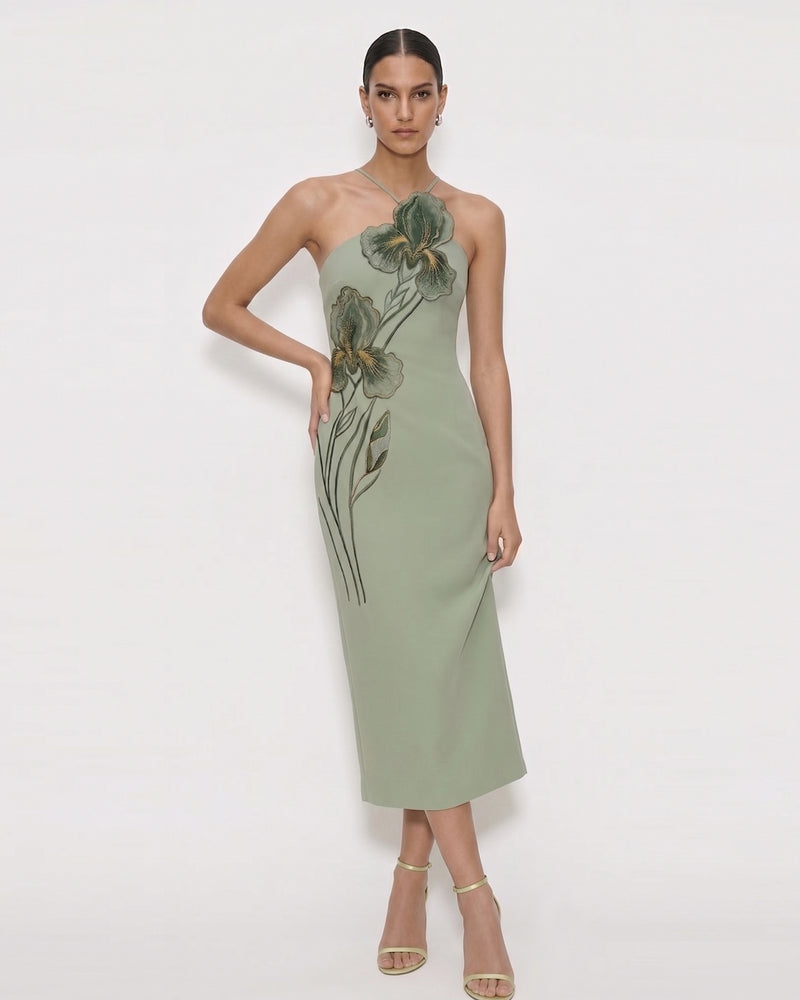 Iris Embroidered Halter Midi Dress - Light Green