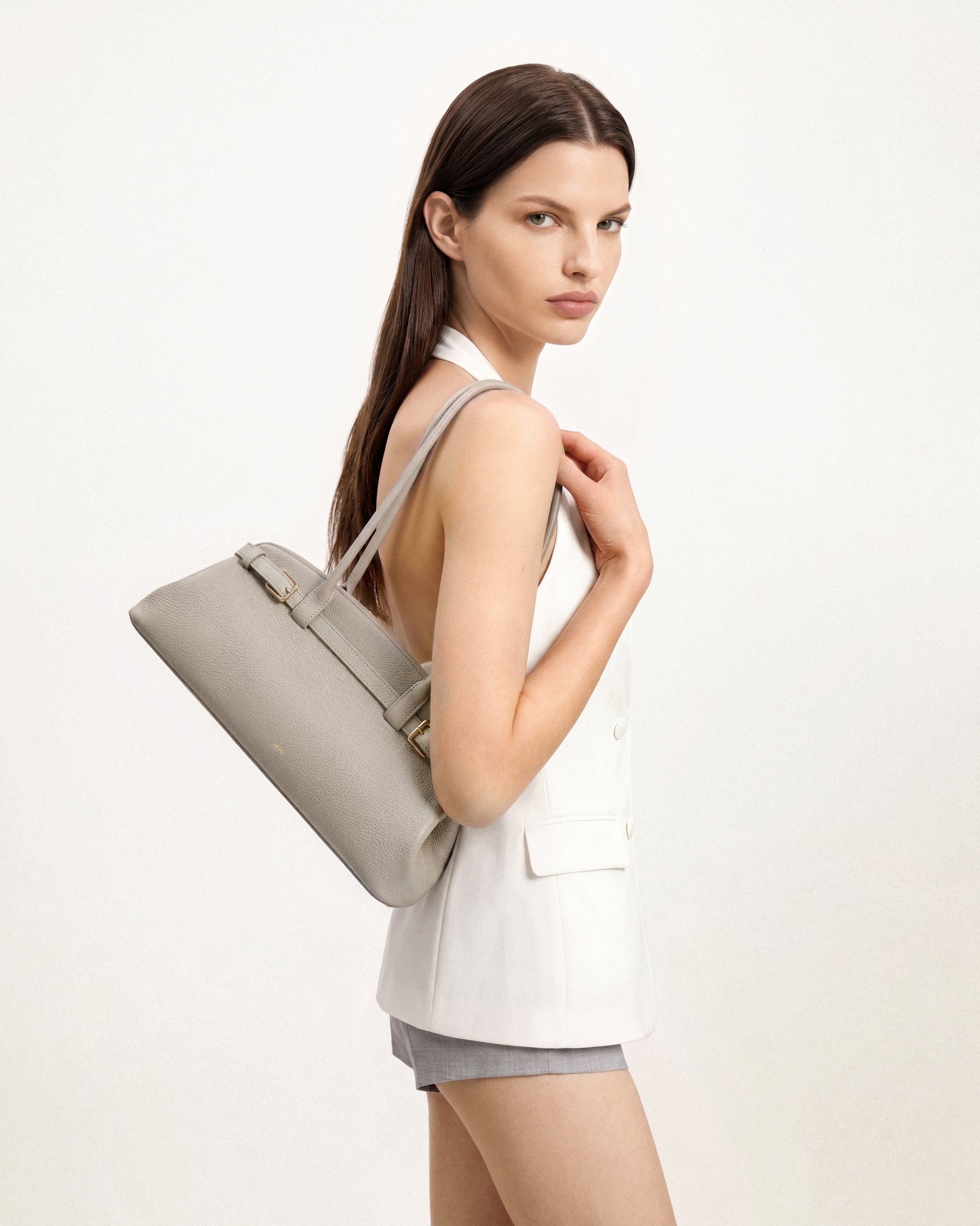 Arden Pebbled Belt Detail East-West Shoulder Bag - Taupe