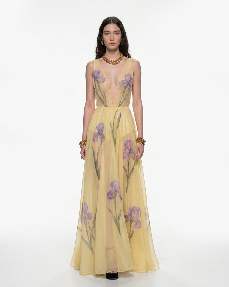 Sheer Floral Print Maxi Dress - Yellow