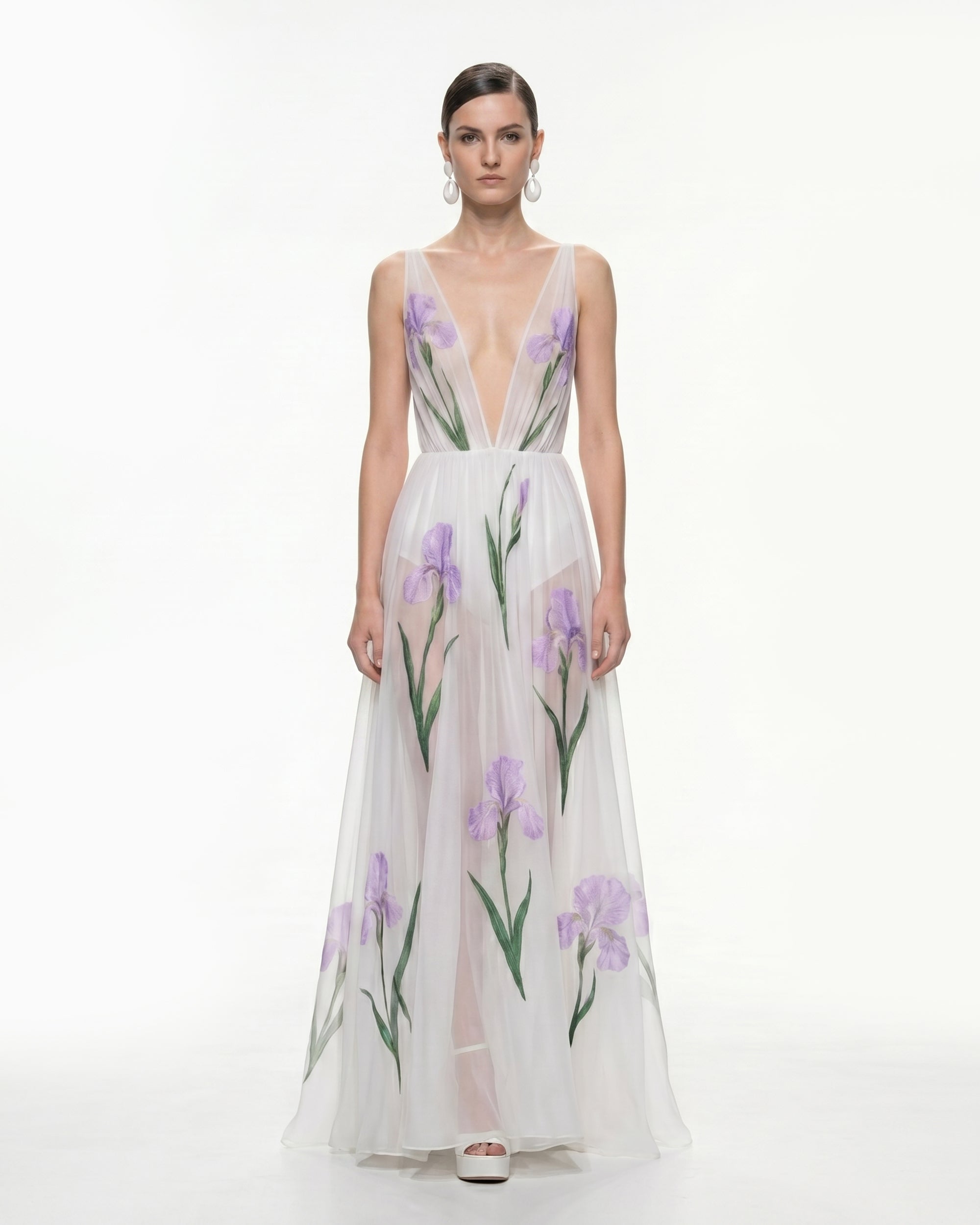 Sheer Floral Print Maxi Dress - White