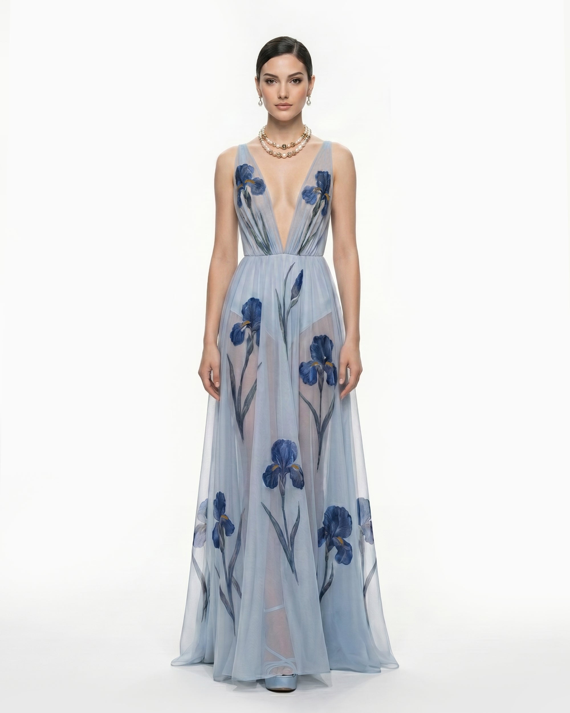 Sheer Floral Print Maxi Dress - Haze blue