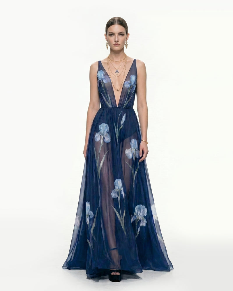 Sheer Floral Print Maxi Dress - Dark Navy