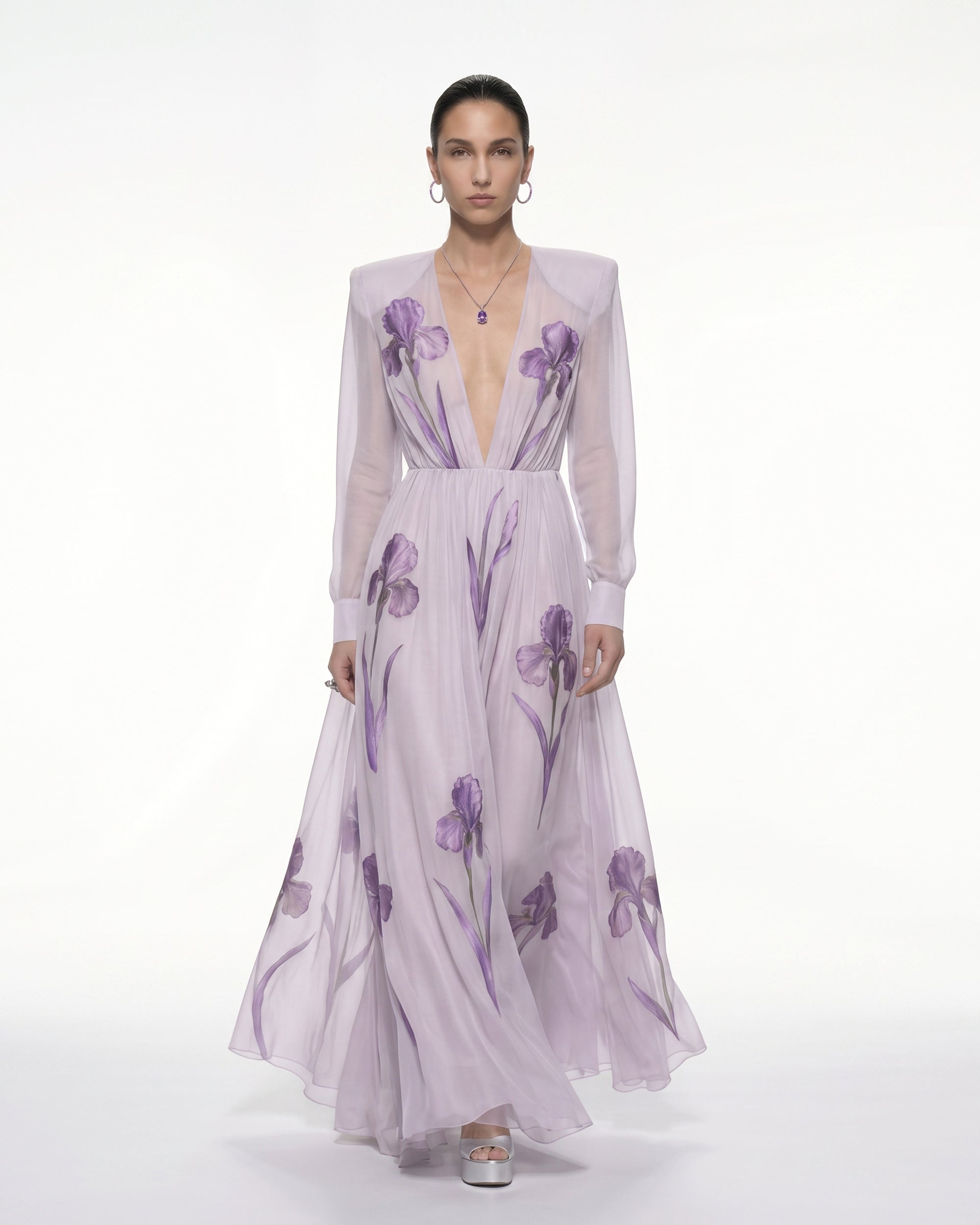 Iris Floral Print Long-Sleeve Sheer Gown - Lavender