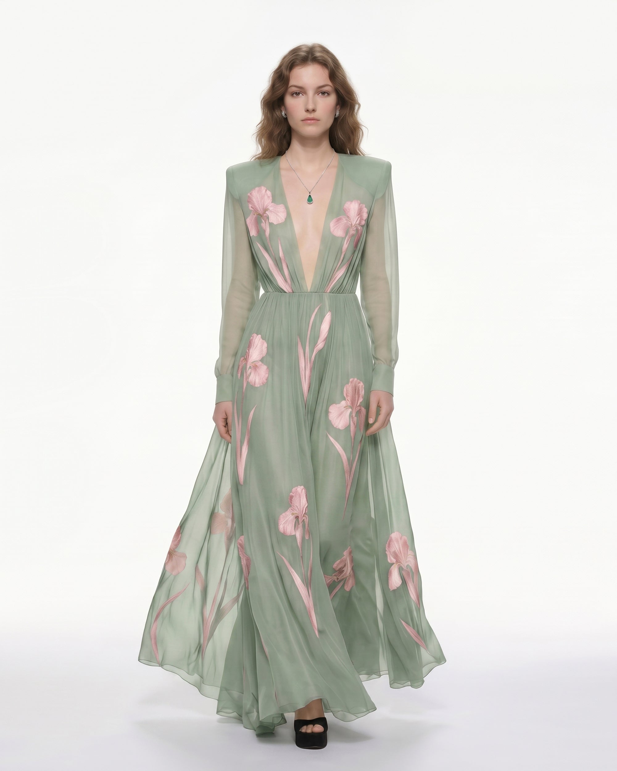 Iris Floral Print Long-Sleeve Sheer Gown - Sage green