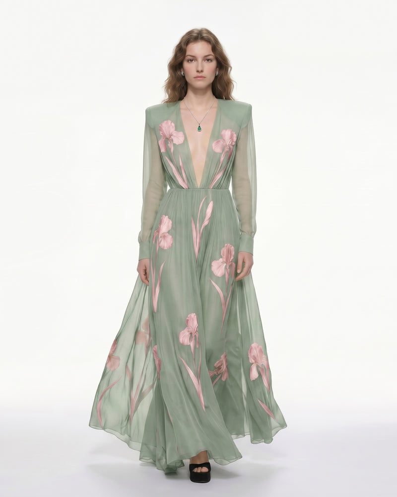 Iris Floral Print Long-Sleeve Sheer Gown - Sage green