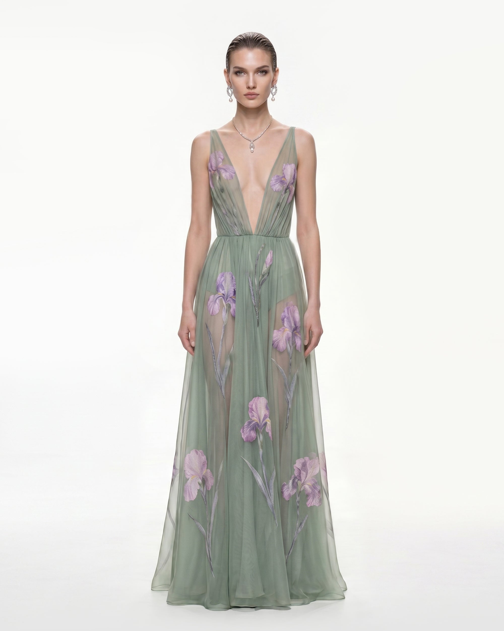 Sheer Floral Print Maxi Dress - Sage Green