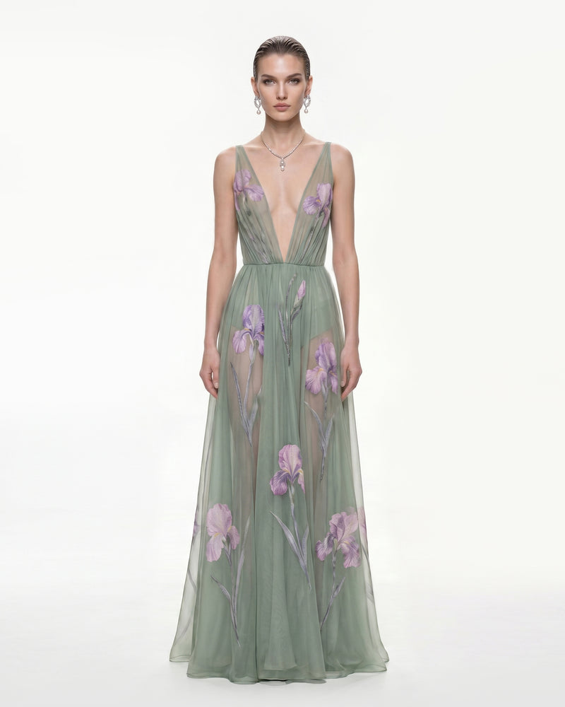 Sheer Floral Print Maxi Dress - Sage Green