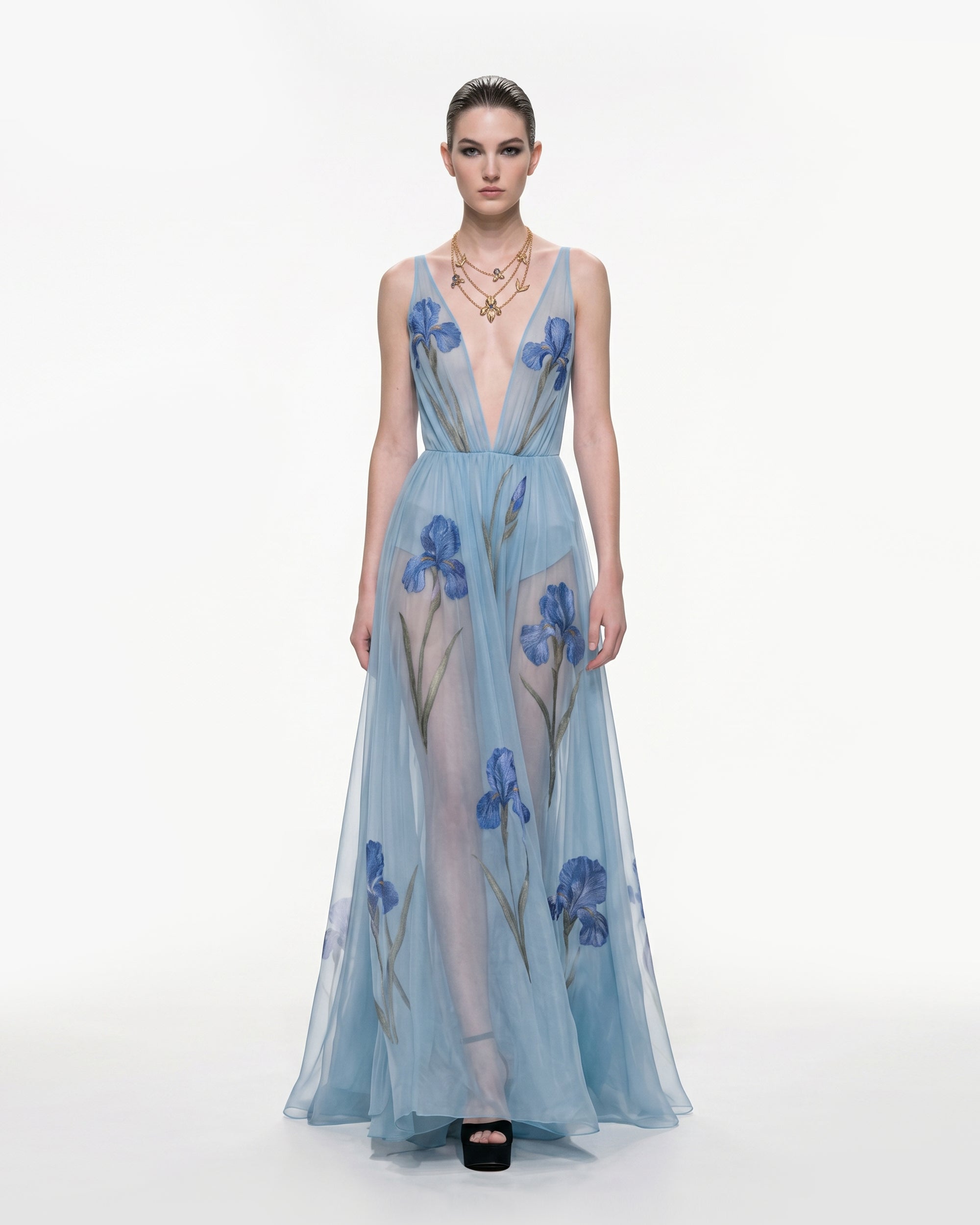 Sheer Floral Print Maxi Dress - Baby Blue