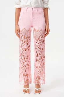 High-Rise Rhinestone Lace Wide-Leg Jeans - Pink