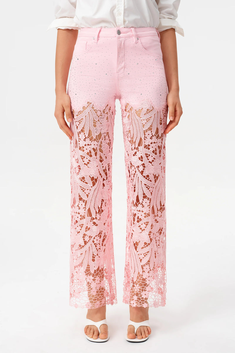 High-Rise Rhinestone Lace Wide-Leg Jeans - Pink