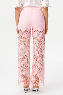 High-Rise Rhinestone Lace Wide-Leg Jeans - Pink