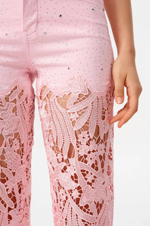 High-Rise Rhinestone Lace Wide-Leg Jeans - Pink